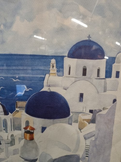 -	Aquarel griekenland santorini, Ophalen of Verzenden, 'T Olde Gre-j, Info@toldegrej.nl, Endepoelstraat 20f Didam