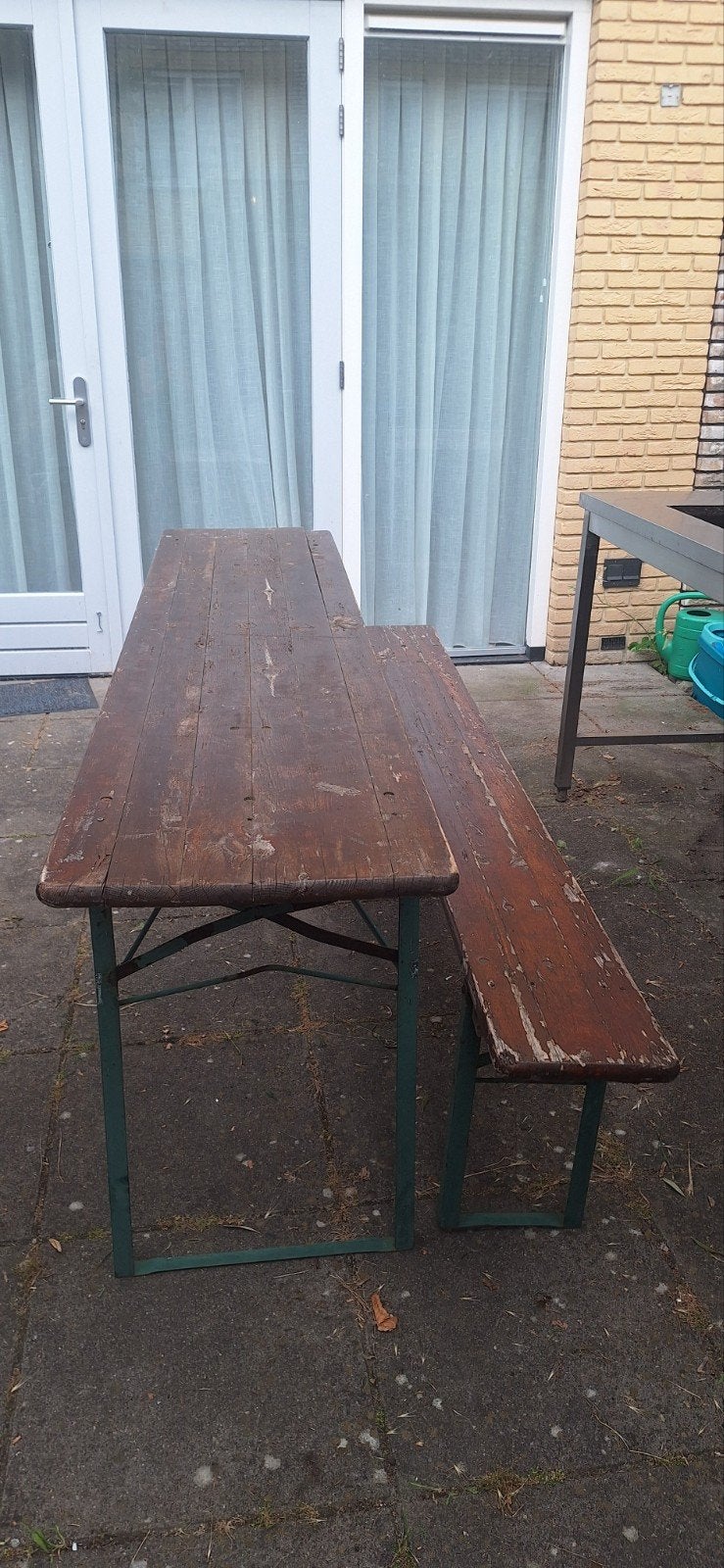 Robuuste houten picknicktafel met bank, Tuin en Terras, Ophalen, Gebruikt, Rechthoekig, Hout