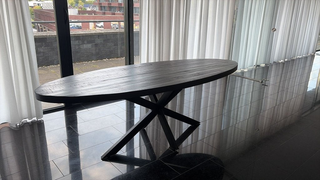 moderne, zwarte mangohouten tafel, Huis en Inrichting, Ophalen, Overige materialen, 150 tot 200 cm, 200 cm of meer