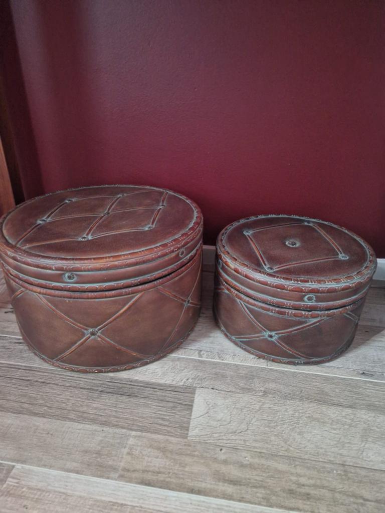 Set van 2 bruin lederen opbergdozen hoedendozen, Overige materialen, Minder dan 50 cm, Gebruikt, Minder dan 50 cm