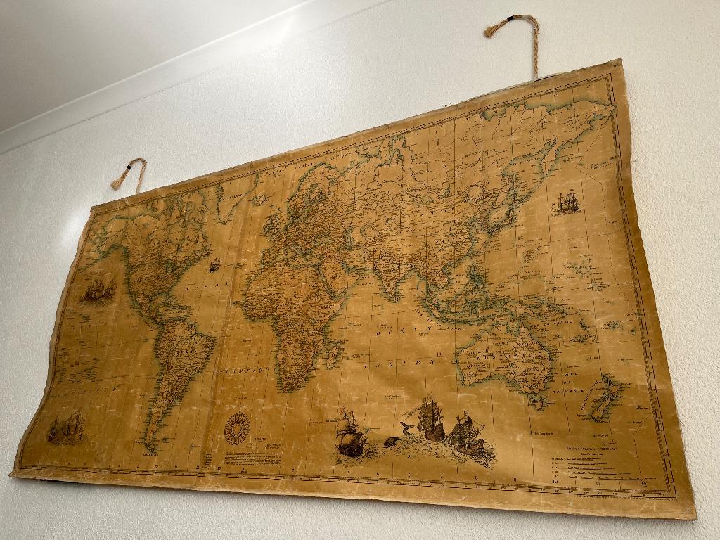 Vintage Wereldkaart World map - 186x100, Huis en Inrichting, Ophalen, 186 cm, Papier/karton, Decoratieobject