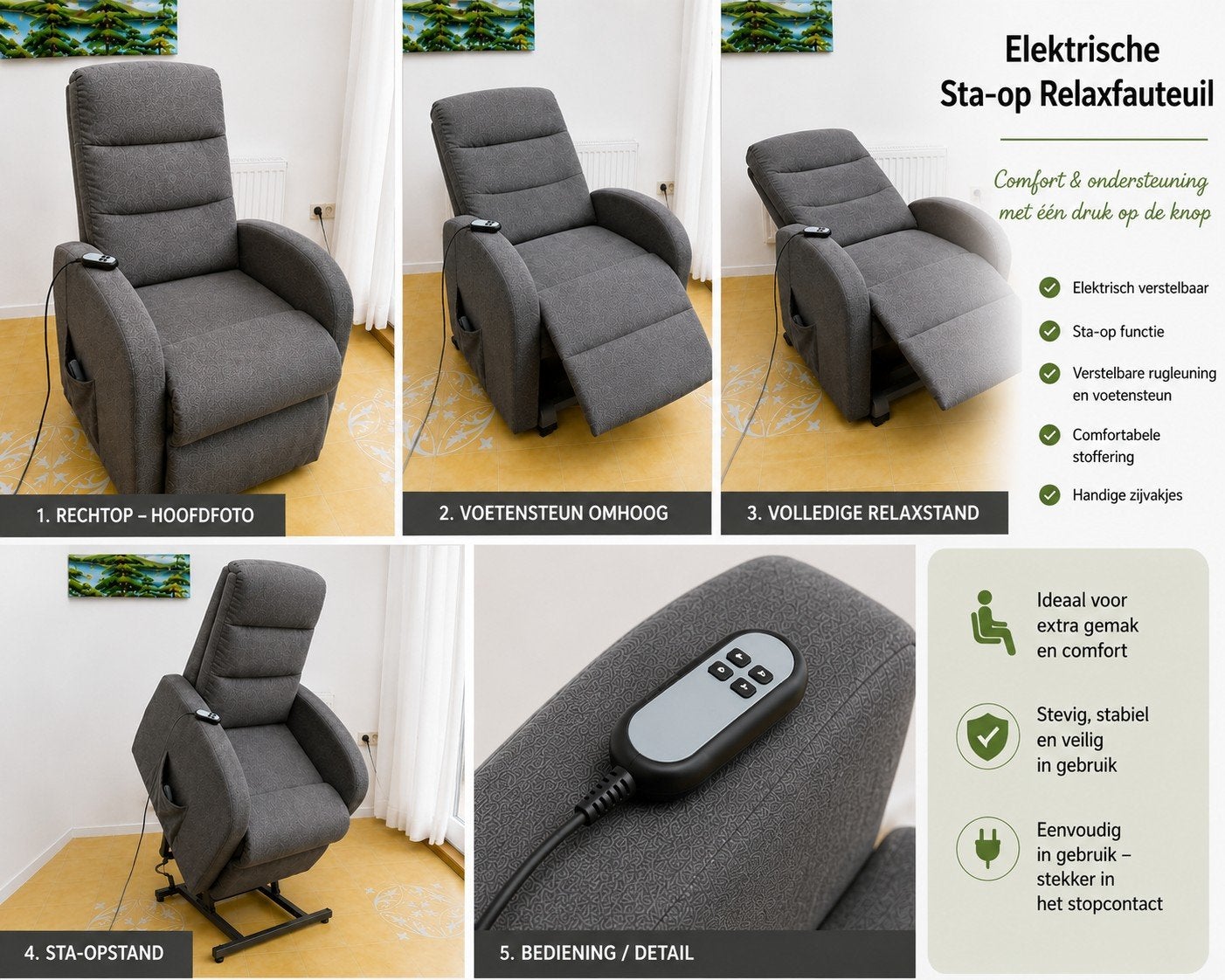 Elektrische sta-op stoel / relaxfauteuil antraciet, Ophalen, Gebruikt, 75 tot 100 cm, Stof