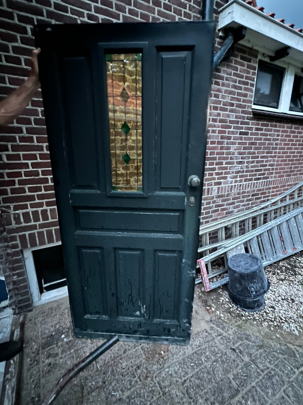 Nu of niet..Hardhouten meranti deur + glas in lood, Ophalen, Gebruikt, 80 tot 100 cm, Buitendeur