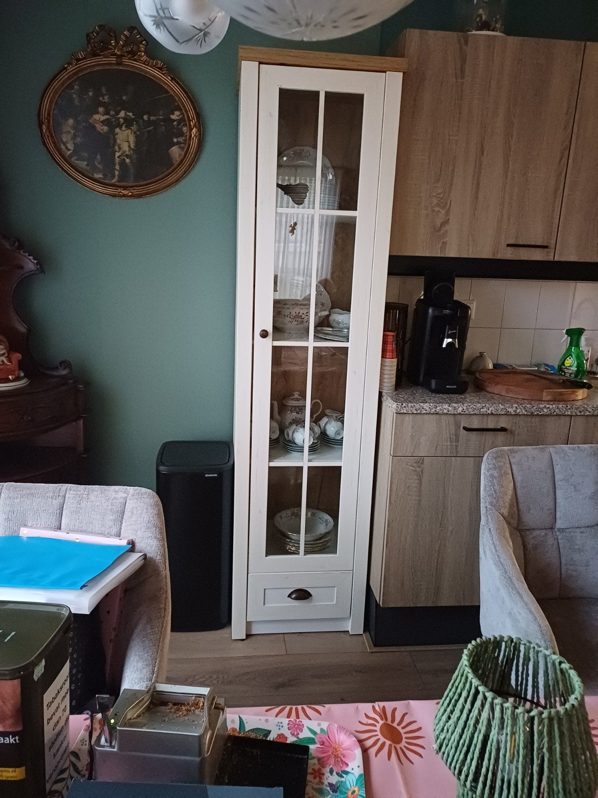 Glazen vitrinekast met lade - 195x50 cm, Ophalen, Minder dan 50 cm, Gebruikt, Met deur(en)
