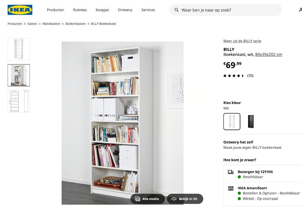 BILLY Boekenkast, wit, 80x39x202 cm EN  40x39x202 cm, Ophalen, Met plank(en), 200 cm of meer, 50 tot 100 cm