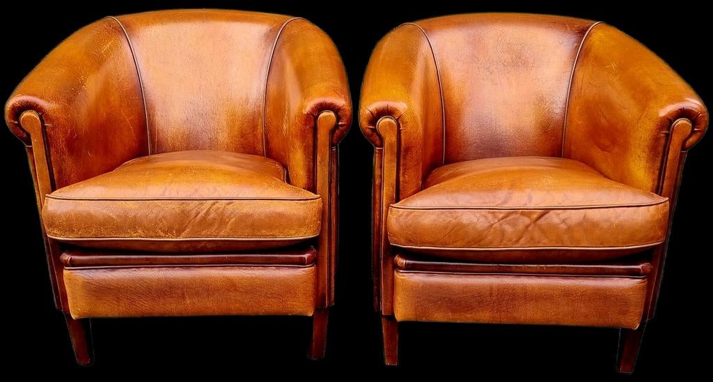 2x schapenleren club fauteuil bruin leer + BEZORGING GRATIS, Gebruikt, ., Ophalen of Verzenden, .