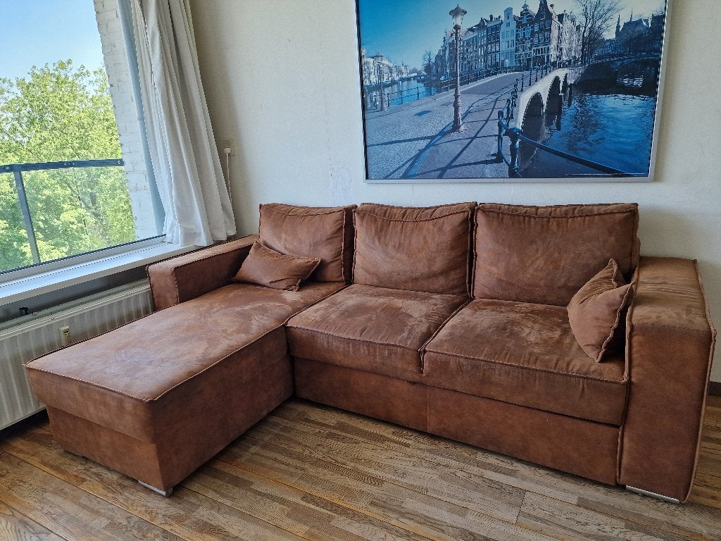 Comfortabele hoekbank met chaise longue - Bruin, Ophalen, Gebruikt, 125 tot 150 cm, Hoekbank