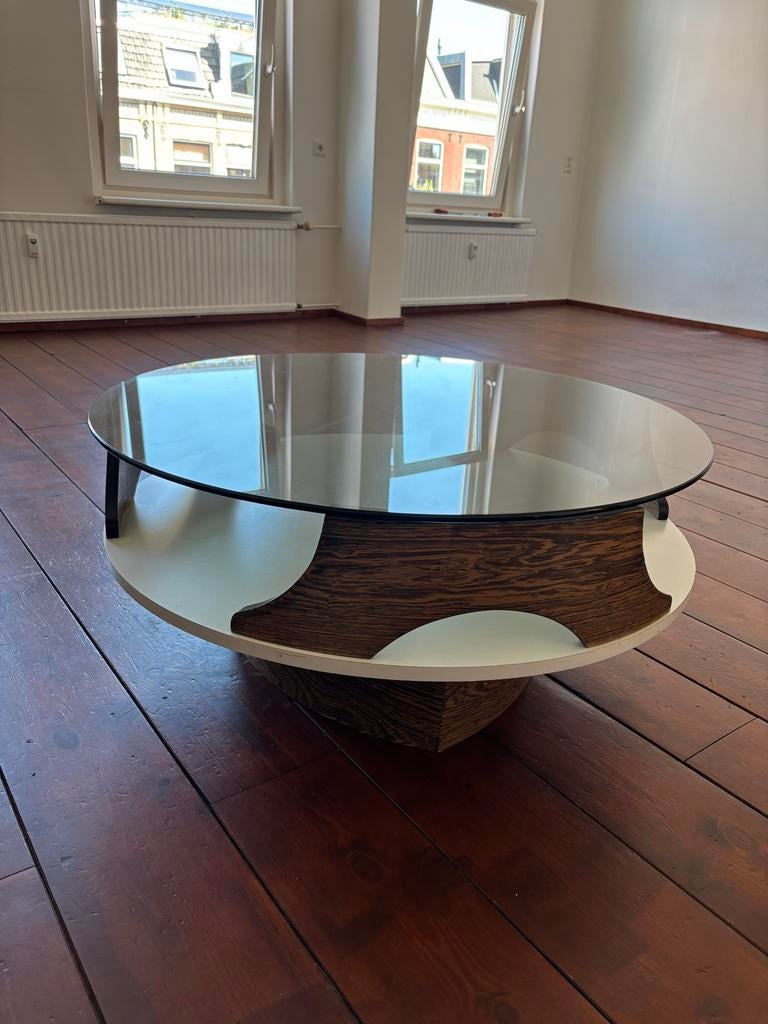 Vintage Jaren '60 Koffietafel / Salontafel met Glasplaat, Ophalen, 100 tot 150 cm, Rond, 50 tot 100 cm