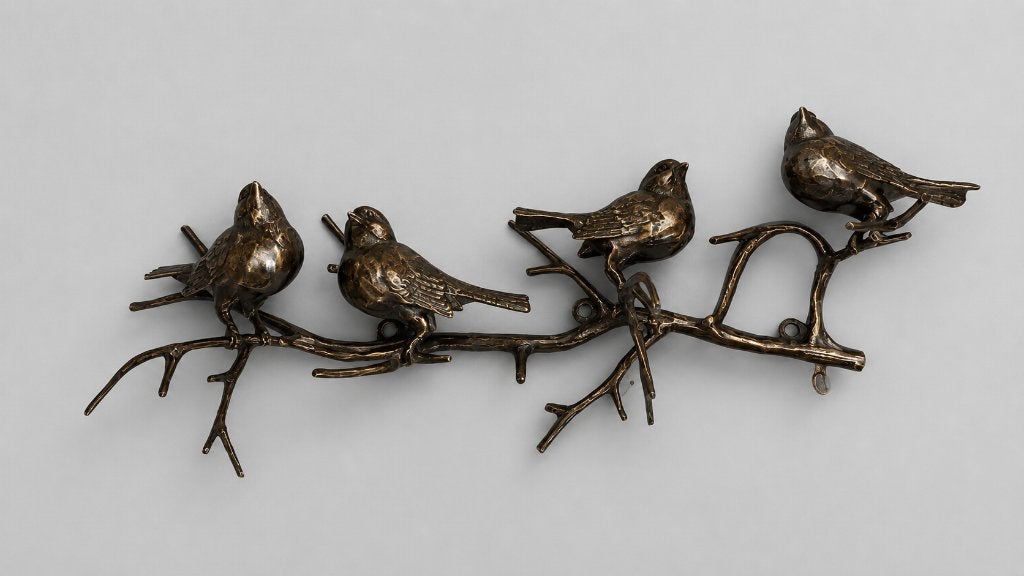 4 VOGELS OP TAK / BRONS / WANDHANGER / horizontaal, Tuin en Terras, Nieuw, Info@huisentuindecoratiemarie.nl, Huis en tuin decoratie marie