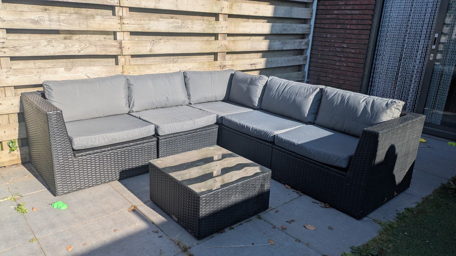 Tuinset hoekbank met opbergvakken en uitwasbare hoezen, Ophalen, 5 zitplaatsen, Gebruikt, Bank