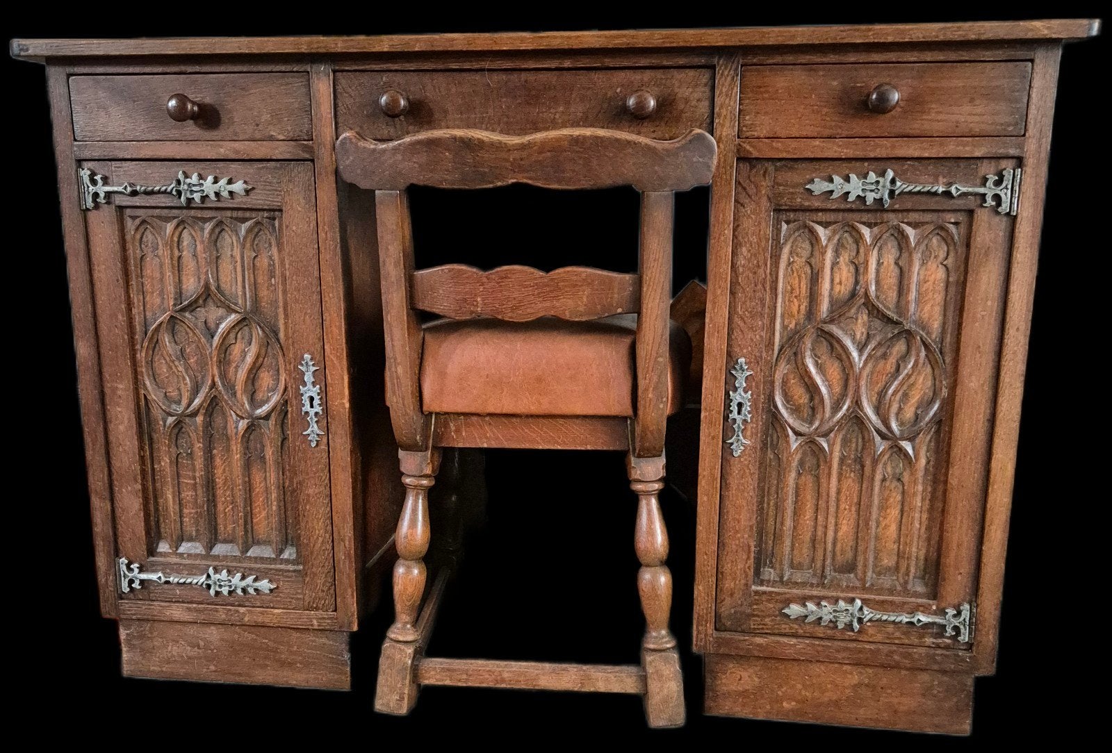 Antiek eiken bureau met stoel - Gotische Stijl d55xb110xh75, Ophalen
