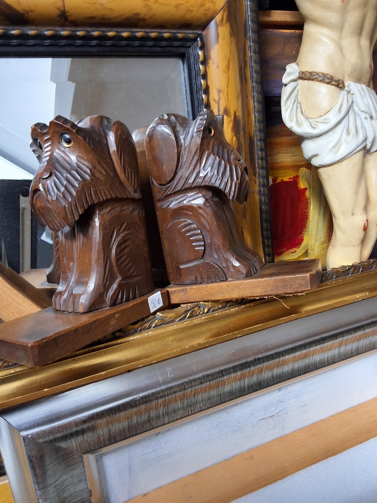 Houten Boekensteunen Hondjes met Glazen Ogen, Gebruikt, Ophalen of Verzenden, Bruin, Vintage