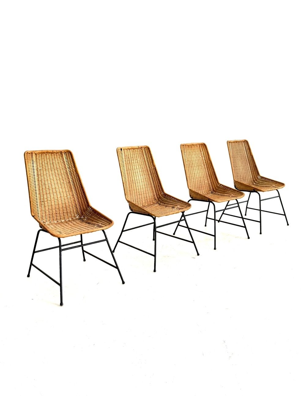 Set van 4 vintage rotan eetkamerstoelen, Italië ‘80, Huis en Inrichting, Gebruikt, Ophalen of Verzenden, Metaal, Vier