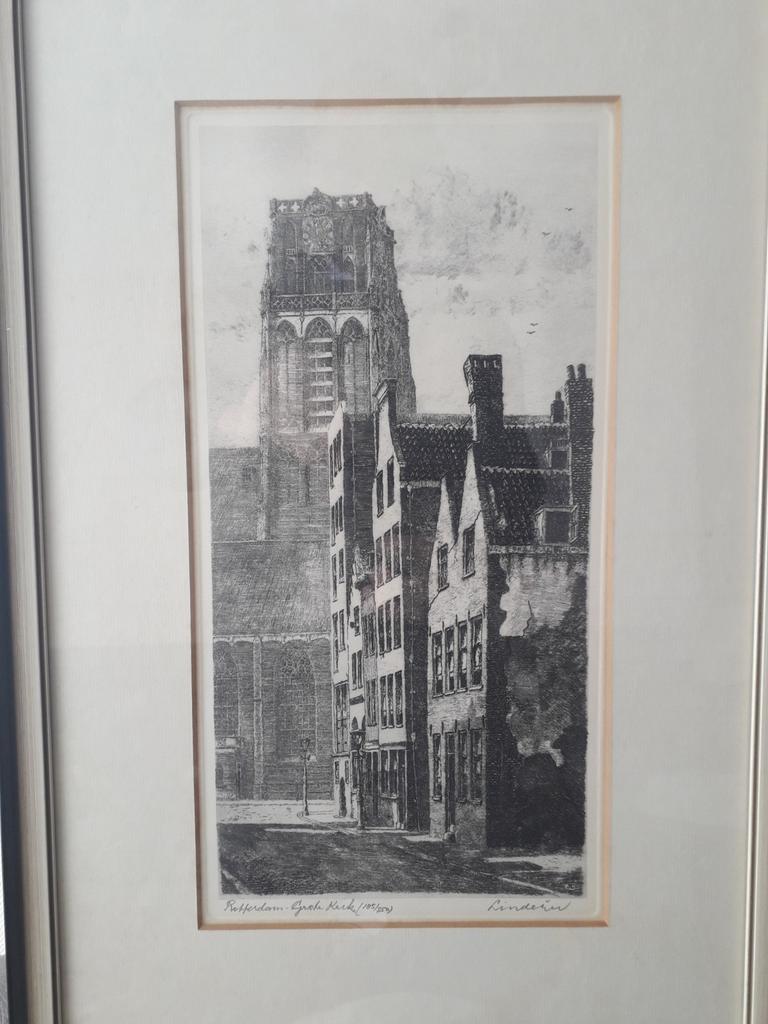 Ets Rotterdam Grote Kerk (185/250) gesigneerd Lindeijer, Antiek en Kunst, Kunst | Etsen en Gravures, Ophalen, Ets, Stadsgezicht