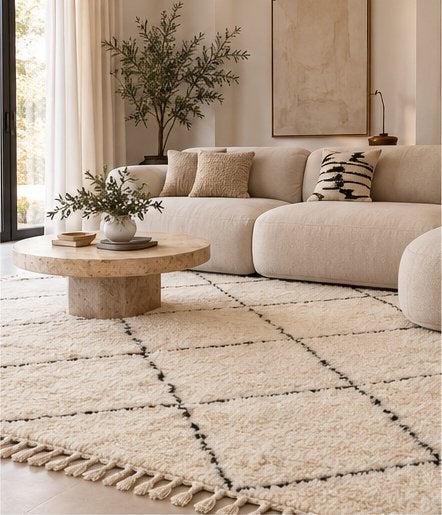 Marokkaans wollen vloerkleed 150x250 ivoor blauw, Modern / Japandi / Scandinavisch / Tijdloos, Info@maroccarpets.nl, 150 tot 200 cm