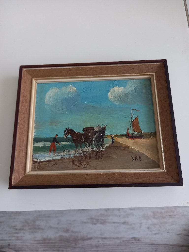 Olieverfschilderij strandgezicht met paard en wagen, Realistisch, Ophalen of Verzenden, Olieverf, Ingelijst