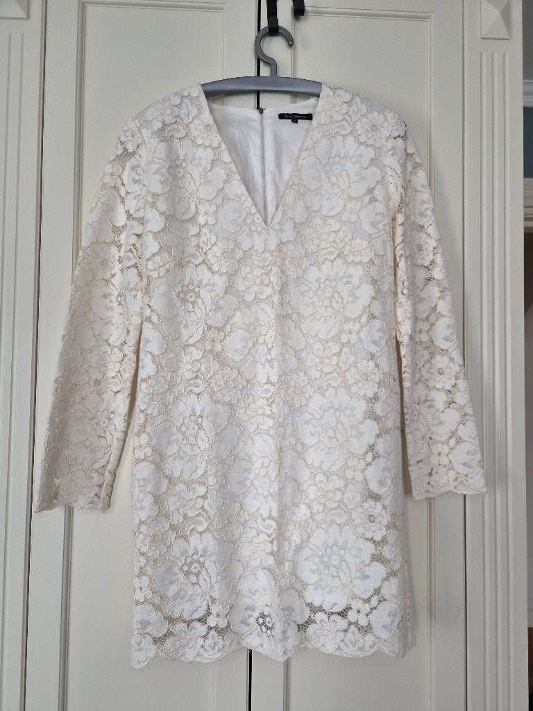 Tara Jarmon jurk, kant, bloemen, creme, wit, maat 42, Tara Jarmon, Beige, Maat 42/44 (L), Ophalen of Verzenden