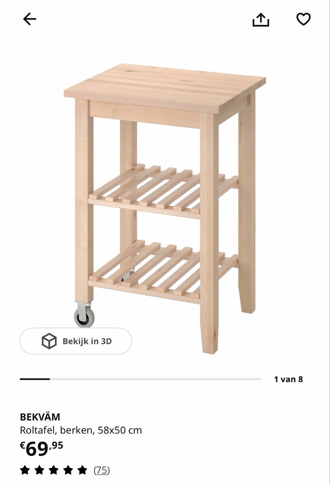 IKEA BEKVÄM roltafel / keukentrolley – berken, Hout, IKEA, Keukentrolley, Zo goed als nieuw