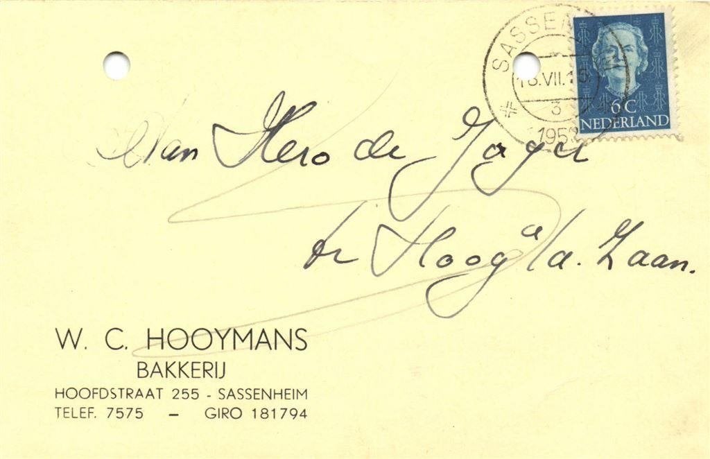 W.C. Hooymans, Bakkerij, Sassenheim - 07.1952 - briefkaart, Ophalen of Verzenden, Briefkaart
