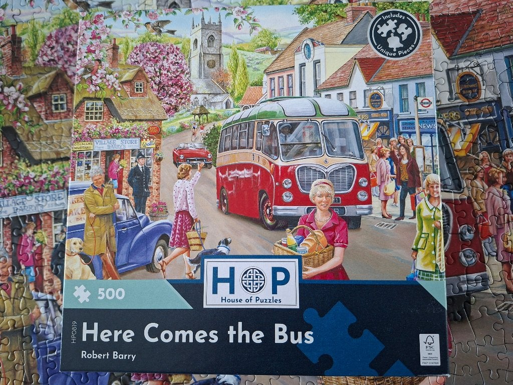 HOP puzzel Here Comes the Bus, Ophalen of Verzenden, 500 t/m 1500 stukjes, Zo goed als nieuw, Legpuzzel