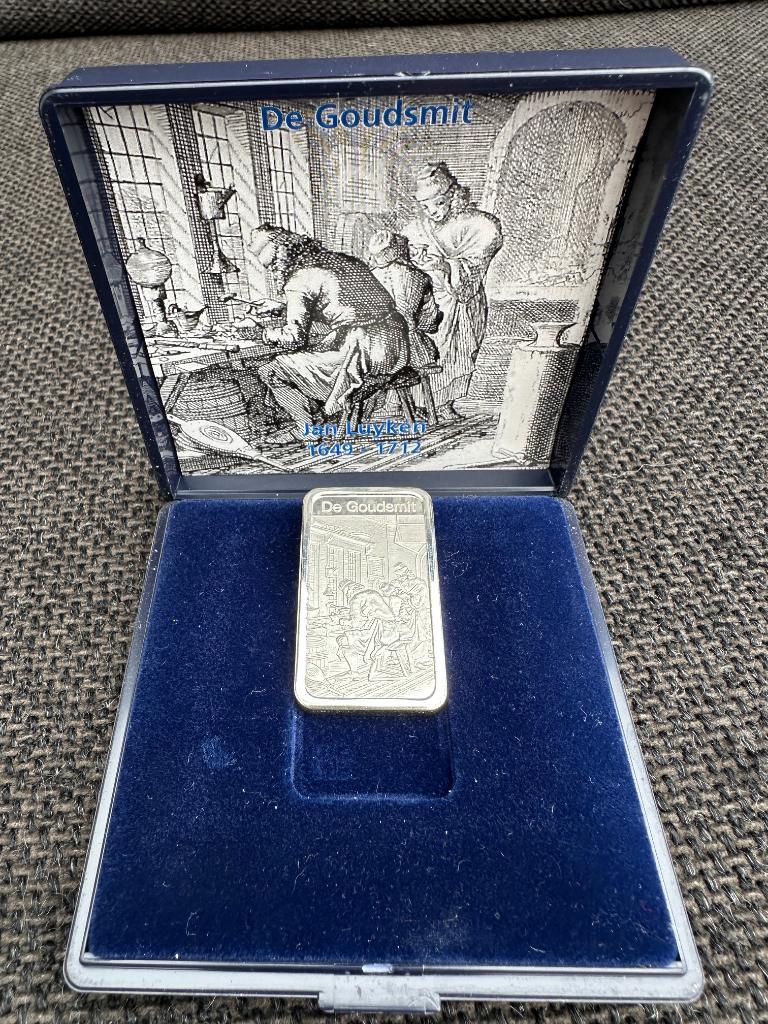 Schöne zilverbaar troy ounce 'De Goudsmit', Postzegels en Munten, Edelmetalen en Baren, Ophalen of Verzenden, Zilver