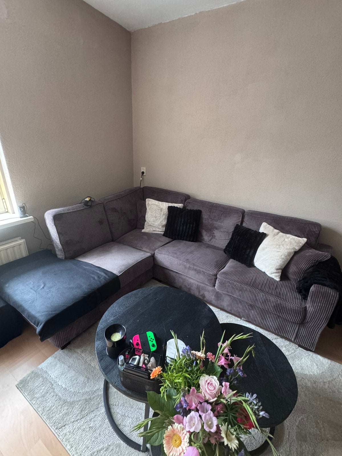 Hoekbank / Loungebank Ribstof Taupe/bruin – Zeer Comfortabel, Ophalen, Zo goed als nieuw