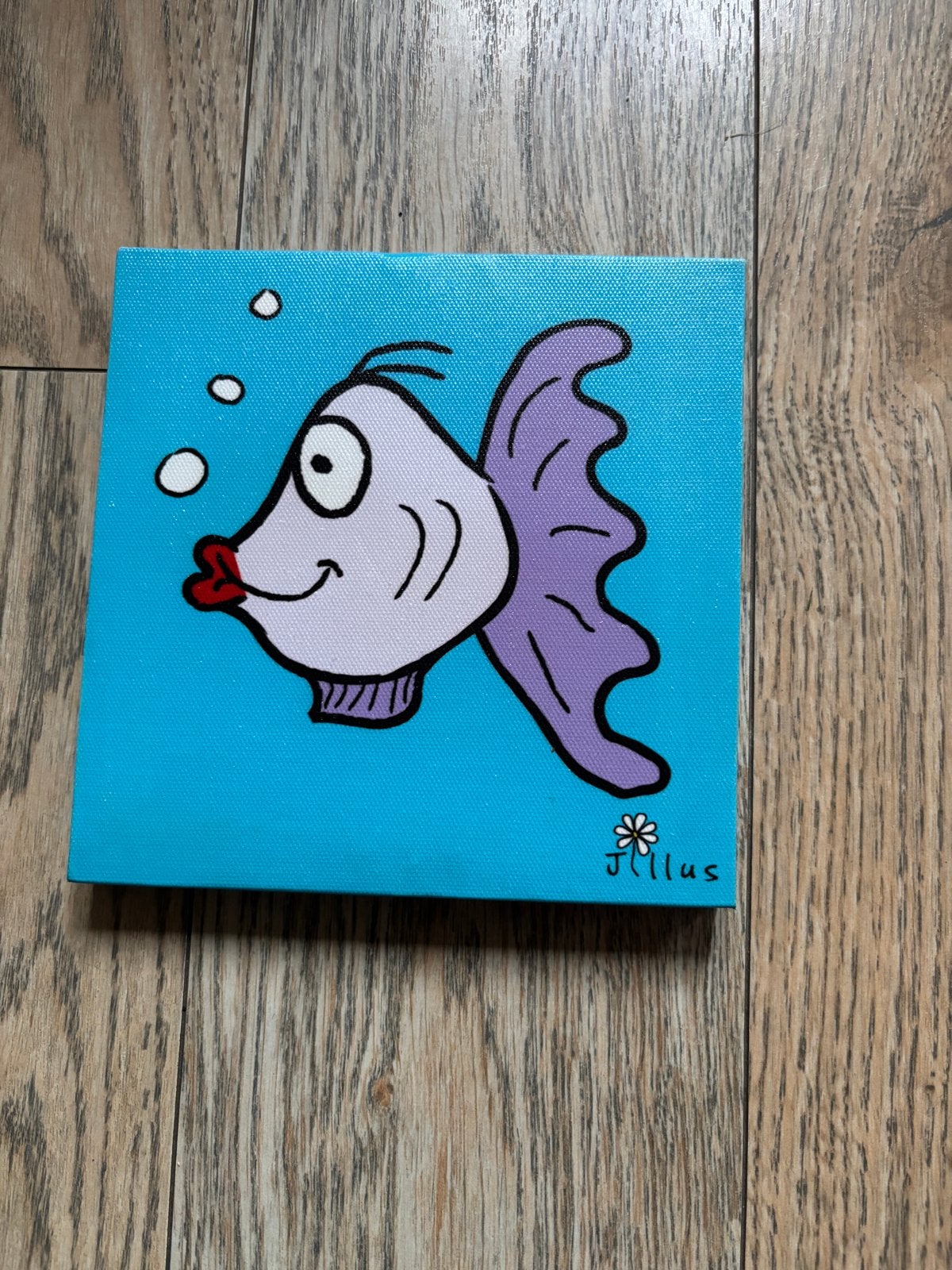 Schilderij Jillus - Vrolijke Vis 15x15 cm, Antiek en Kunst, Acrylverf, Ophalen of Verzenden, Dieren, Gesigneerd