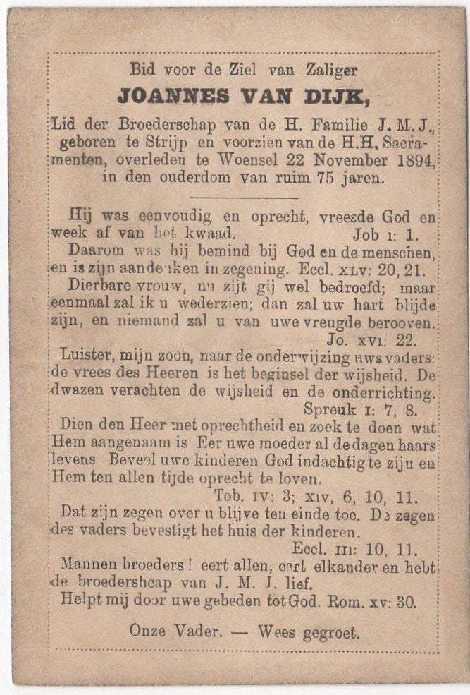 Joannes van Dijk 1819 Strijp + 1894 Woensel, 75 jaar oud, Verzenden