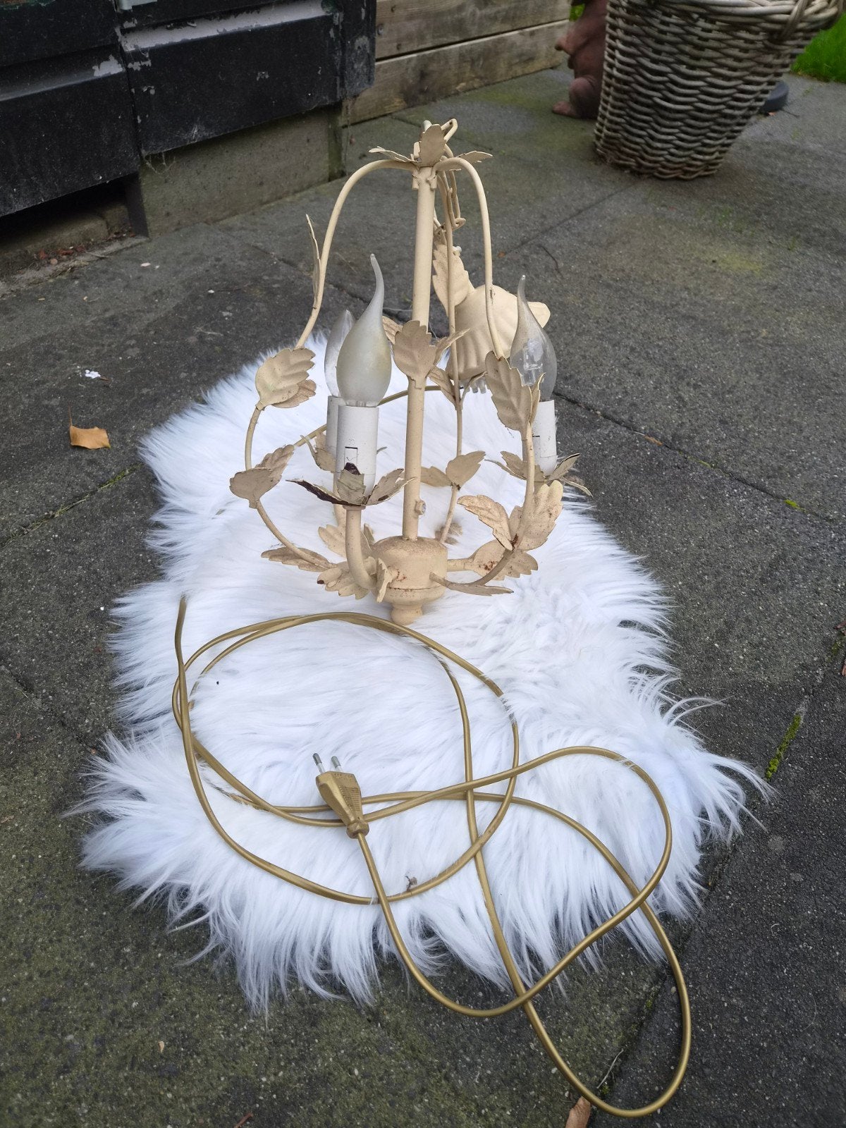 Brocante hanglamp / kroonluchter met 3 armen, Gebruikt, E14 (klein), Ophalen of Verzenden, Metaal