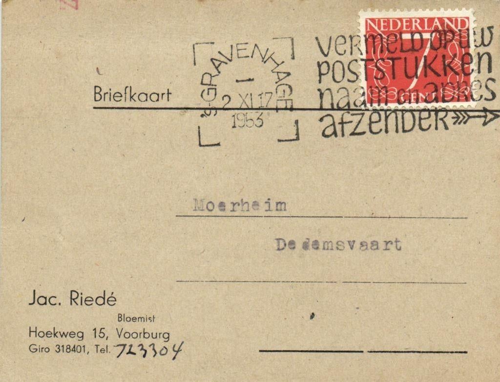 Jac. Riede, Bloemist, Voorburg - 11.1953 - briefkaart, Ophalen of Verzenden, Briefkaart