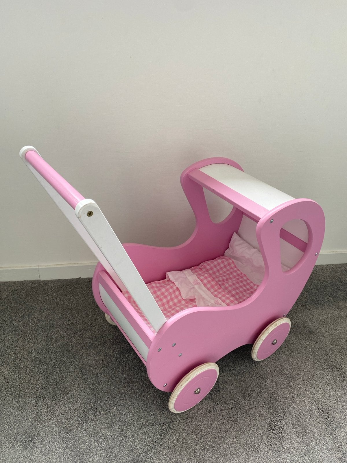 Houten poppenwagen roze met wit, Ophalen, Gebruikt, Babypop