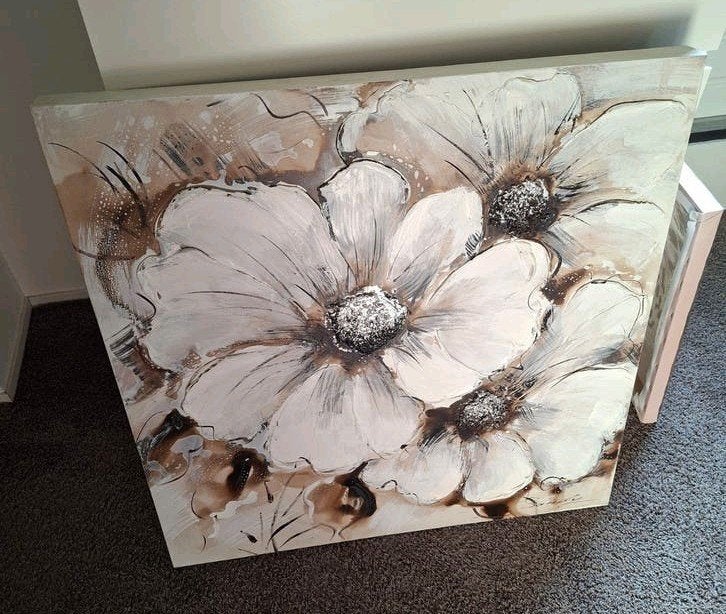 Modern groot Schilderij met Witte Bloemen - Handgeschilderd, Ophalen of Verzenden, Olieverf, 3D-effect, Bloemen