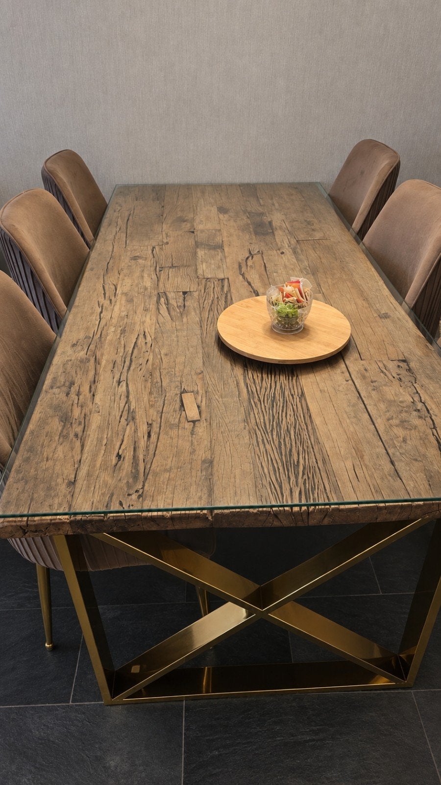 Railwood/Sleeperwood Eettafel- Glazen Blad en gouden poten, Huis en Inrichting, 100 tot 150 cm, 200 cm of meer, Ophalen of Verzenden