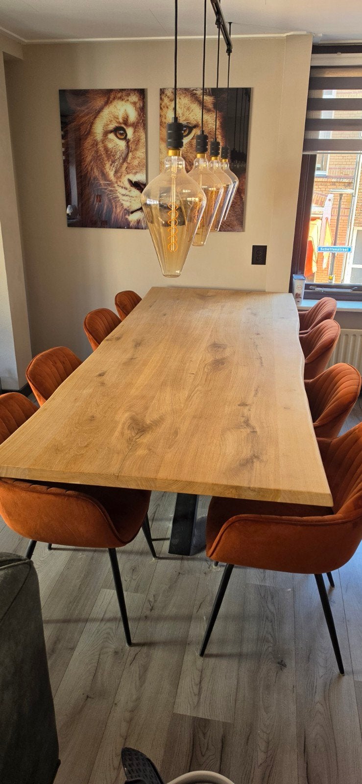 Massief eiken boomstam eettafel 260x100cm, Ophalen, Zo goed als nieuw, 8 stoelen of meer