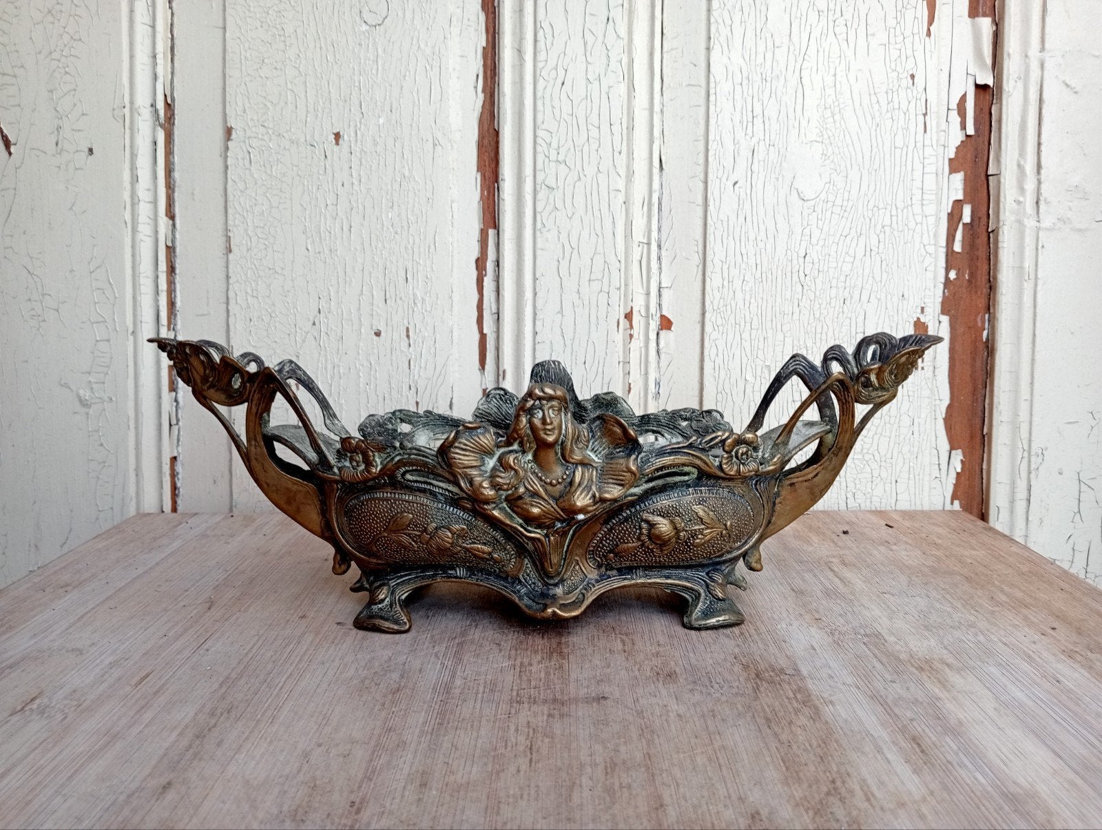 Jugendstil Art Nouveau Bronzen Schaal met Vrouwenfiguur, Ophalen of Verzenden