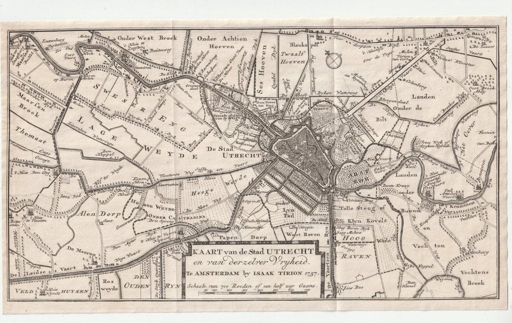 Kopergravure Utrecht Isaak Tirion 1757 / losgeweekt, Verzenden, Cartografie, Gravure, Blanco verso