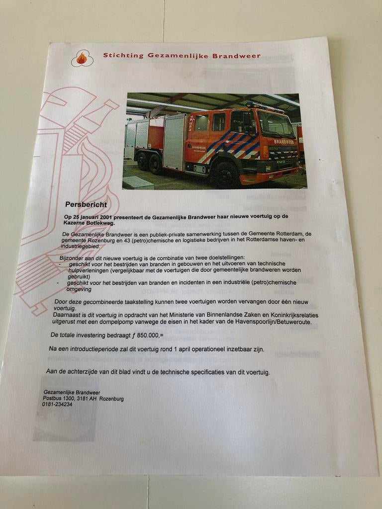 Folder persbericht DAF Gezamenlijke brandweer Rotterdam, Ophalen of Verzenden, Zo goed als nieuw, Overige merken, DAF