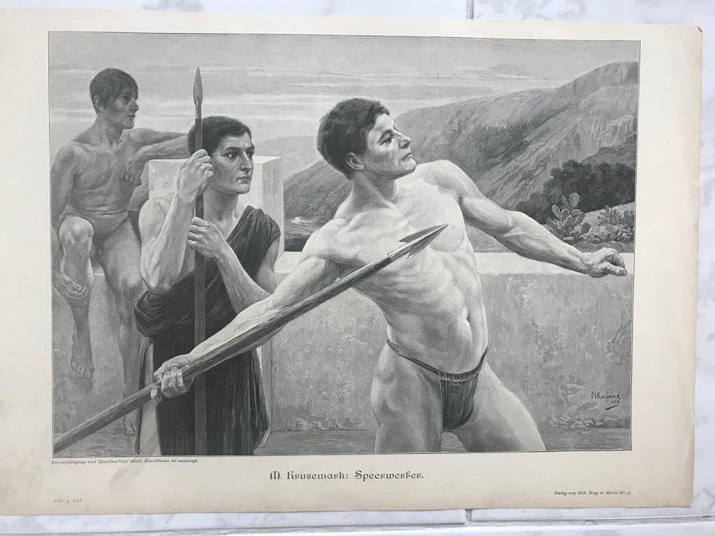 M. Krusemark: Speerwerfer, 1898, or. gravure, 32x23cm. Mooi!, Origineel, 1800 - 1899, Portret, Ophalen of Verzenden