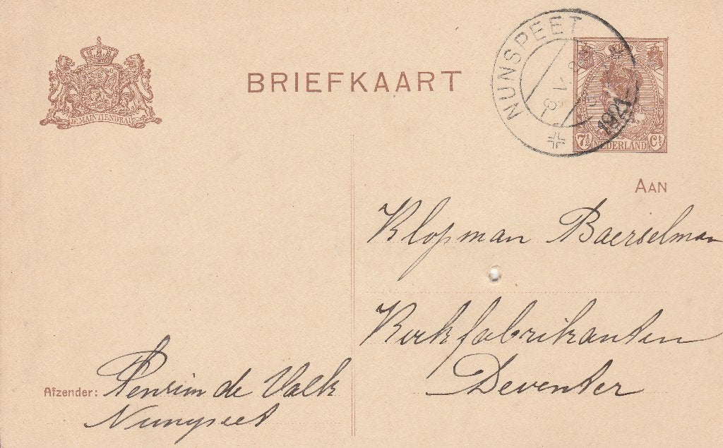 NUNSPEET 1921 Mej Joh W.P. In t VELD Pension De VALK, Ophalen of Verzenden, 1920 tot 1940, Gelopen, Gelderland
