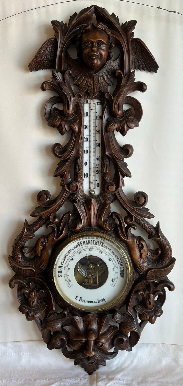 Antieke Barometer/Thermometer - Houtsnijwerk S. Bosman, Ophalen of Verzenden