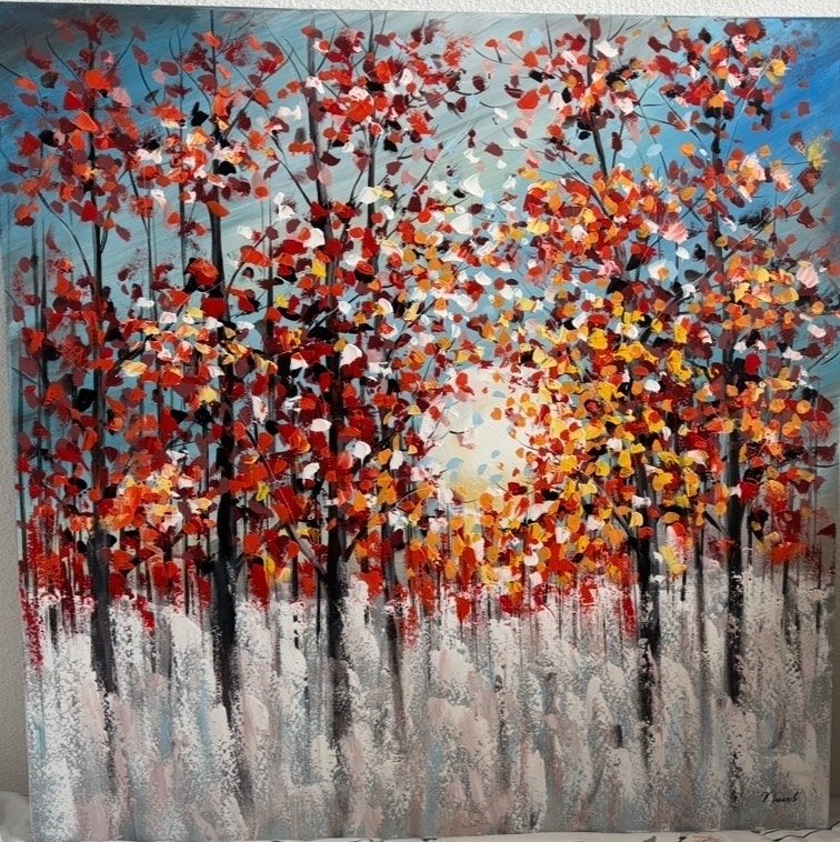 Schilderij Herfstbos met zonsondergang, Ophalen of Verzenden, Zo goed als nieuw, Schilderij, 75 tot 100 cm