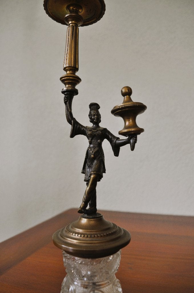 Antieke Kandelaar Sculptuur Brons Glas 32 cm, Ophalen of Verzenden, Koper of Brons