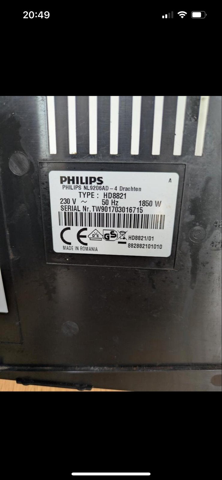 Philips HD8821/01 Espressomachine used, Afneembaar waterreservoir, Gebruikt, Espresso apparaat, 2 tot 4 kopjes