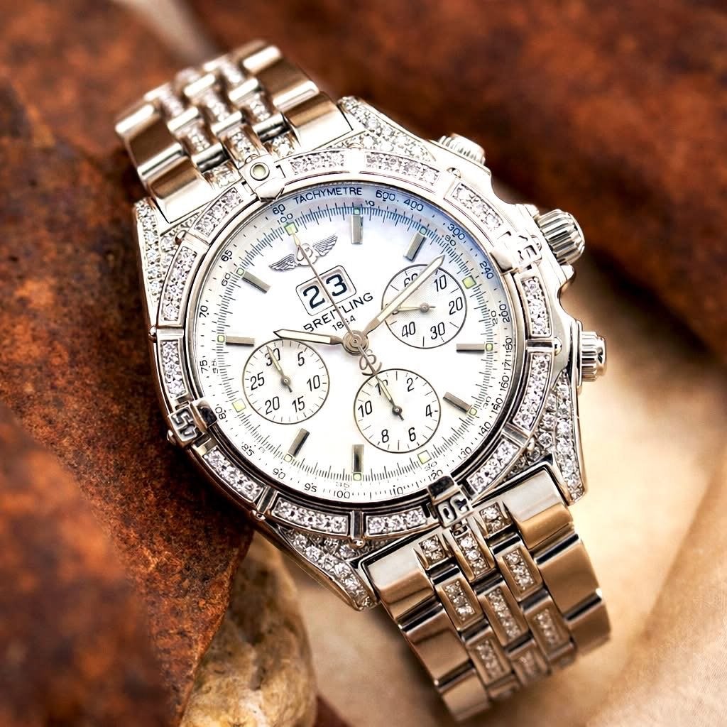 Breitling Crosswind Special A44355 Iced Out Briljanten, Sieraden, Tassen en Uiterlijk, Horloges | Heren, Ophalen, Staal, Gebruikt