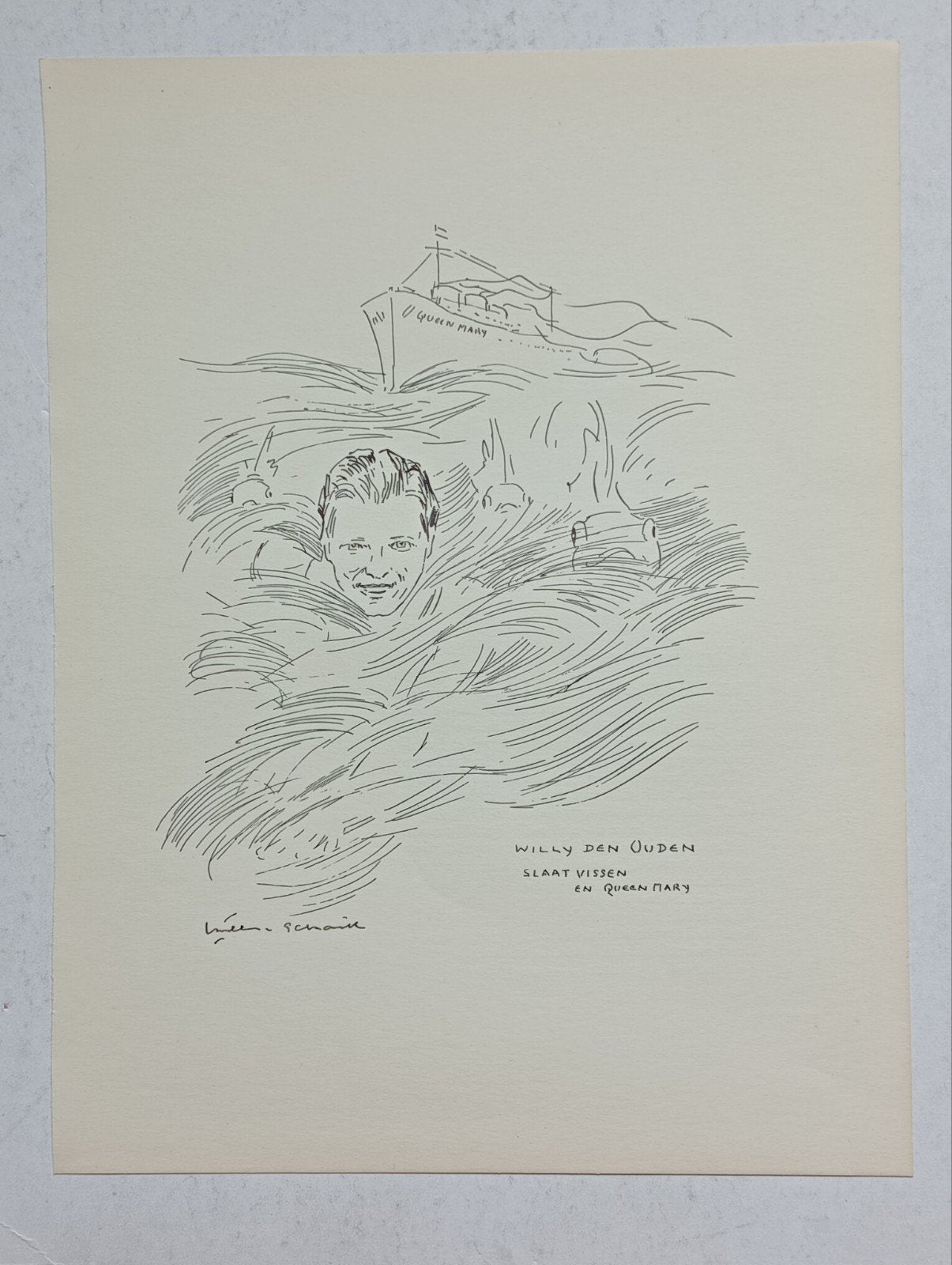 Litho 1937 'Willy den Ouden slaat vissen en Queen Mary', Ophalen of Verzenden, Voor 1940, Gebruikt
