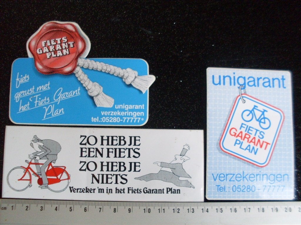 3x sticker fiets garant plan unigarant verzekeringen logo, Verzamelen, Verzenden, Zo goed als nieuw, Bedrijf of Vereniging