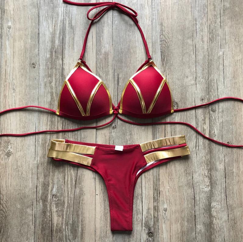 Rode gouden push up string bikini dames vrouwen brazilian, Kleding | Dames, Badmode en Zwemkleding, Nieuw, Bikini, Rood, Verzenden