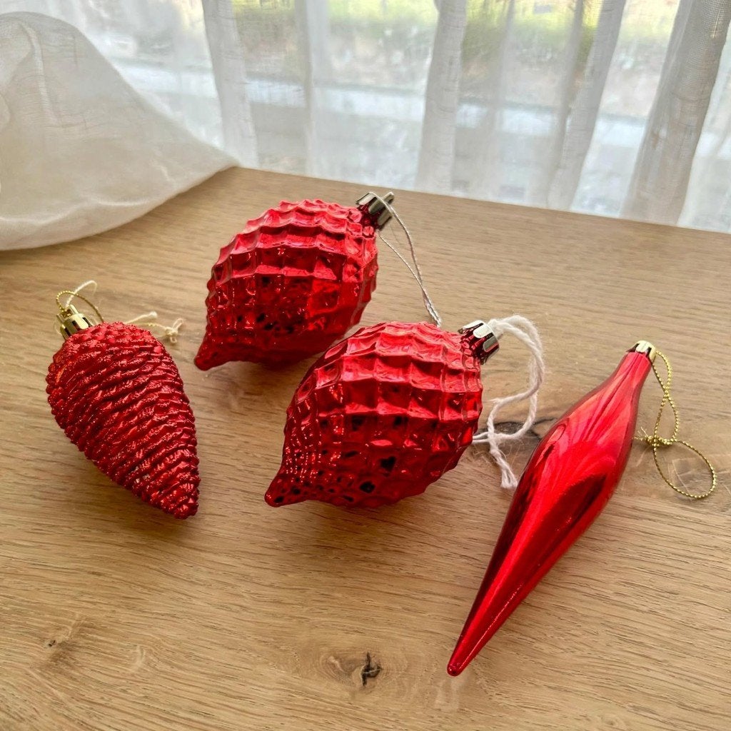 Vintage Kerstballen Set 4x Rood plastic retro, Diversen, Ophalen of Verzenden