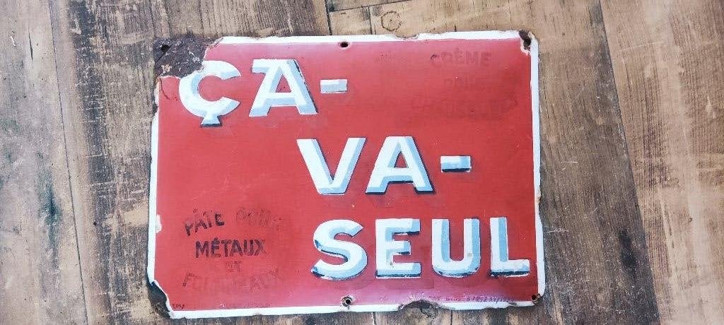 Vintage Emaille Reclamebord 'Ça-Va-Seul' Crème, Ophalen, Gebruikt, Reclamebord