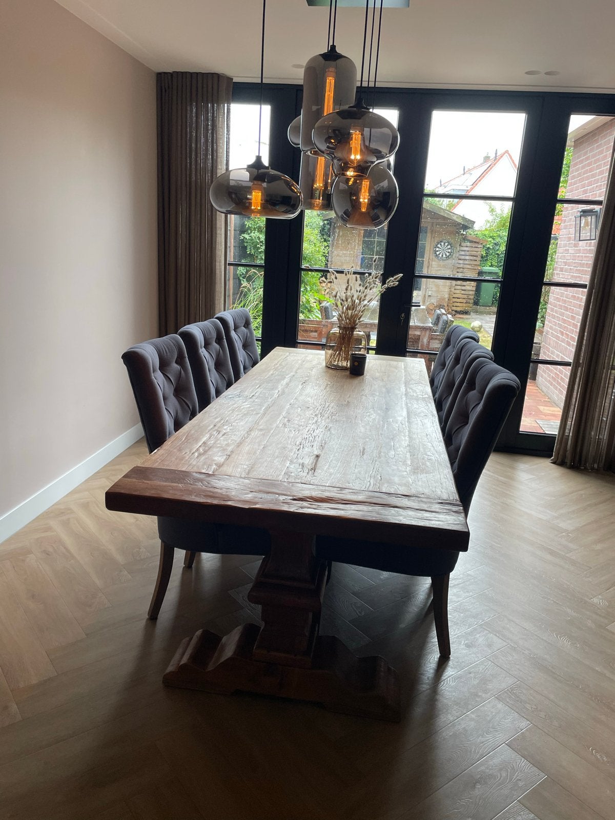 Robuuste houten kloostertafel 260x100 met 6 stoelen, Huis en Inrichting, Ophalen, 50 tot 100 cm, Zo goed als nieuw, Vijf personen of meer